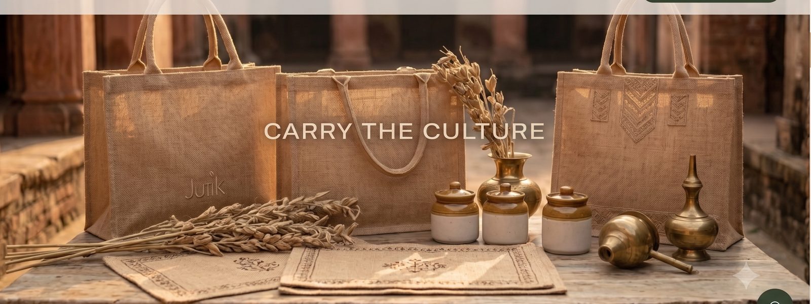 Jutik totes styled with brass and jute heritage props
