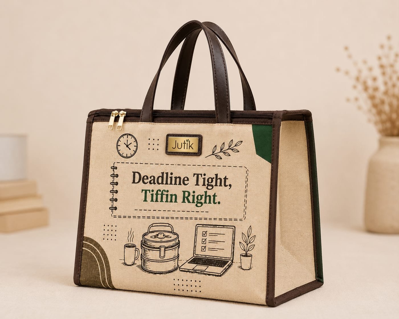 The 9-to-5 Tiffin Tote — Deadline Tight print, front view