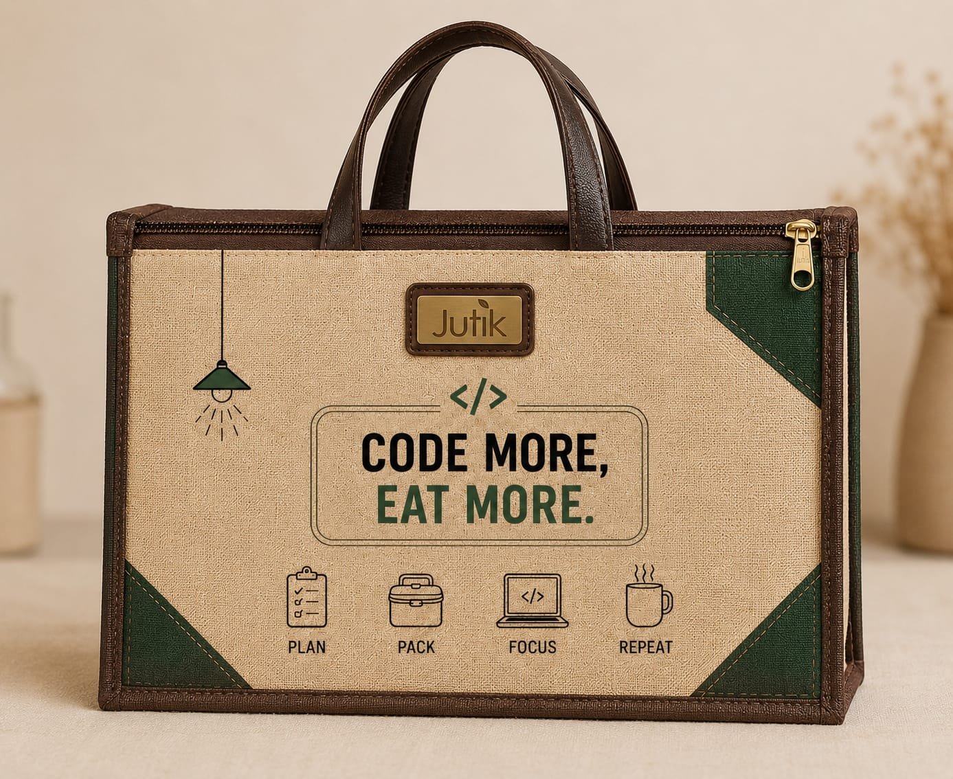 The 9-to-5 Tiffin Tote — Code More print, front view